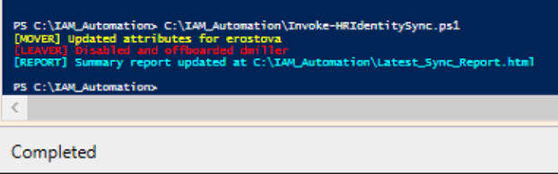 PowerShell execution console output showing active users and assigned RBAC groups